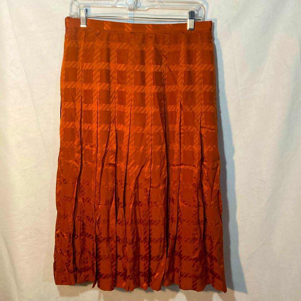32-9 CELINE PARIS rust brown plaid satin silk pleated a-line skirt Eur 44